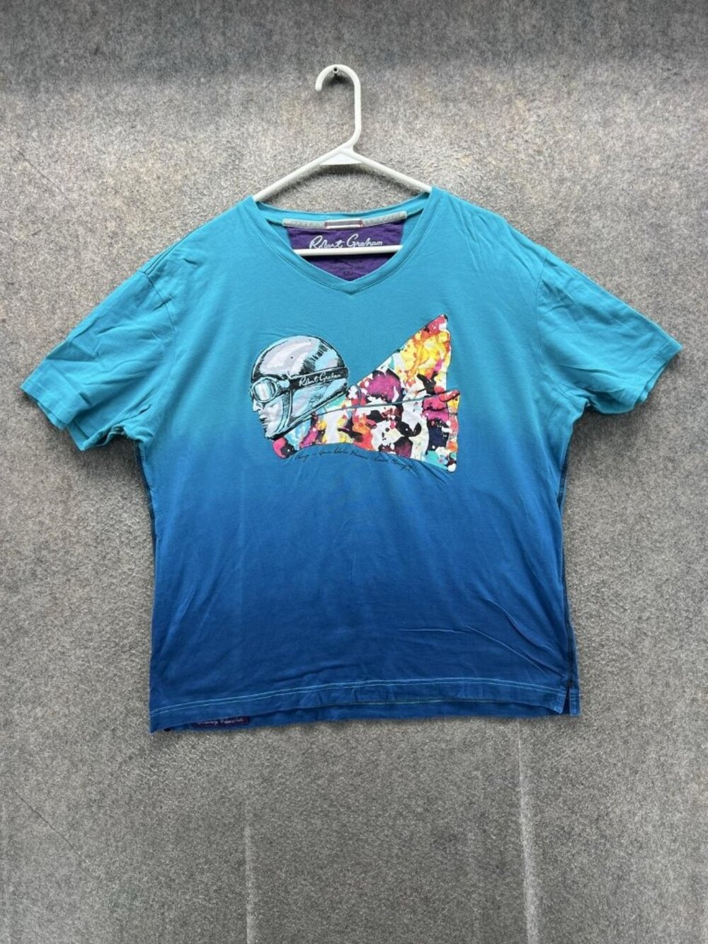 Robert Graham Shirt Mens Large Blue V-Neck Cotton Motorcycle Graphic Tee Logo